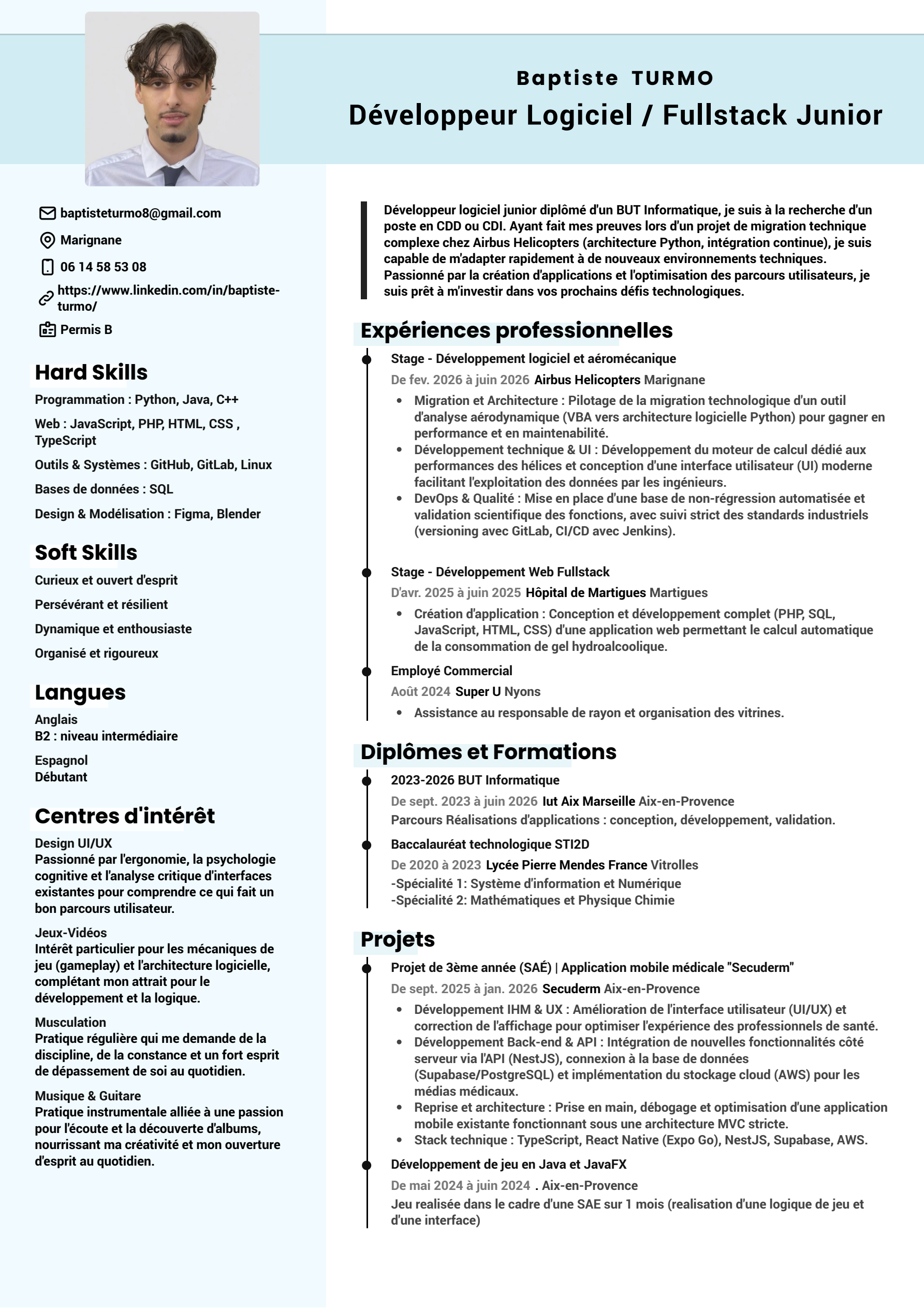 Curriculum Vitae de Baptiste TURMO — Développeur Logiciel / Fullstack Junior