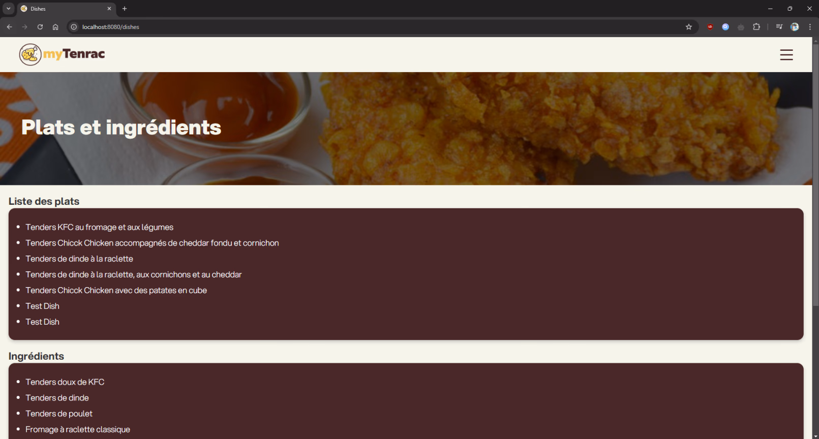 Catalogue des plats et ingrédients TENRAC